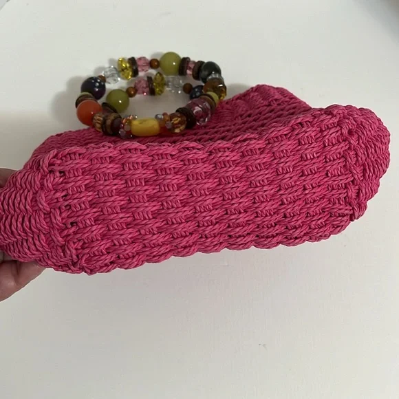 Cappelli Mini Handbag Purse Hot Pink Beaded Handle Woven Straw Summer Fun Small - Picture 6 of 16